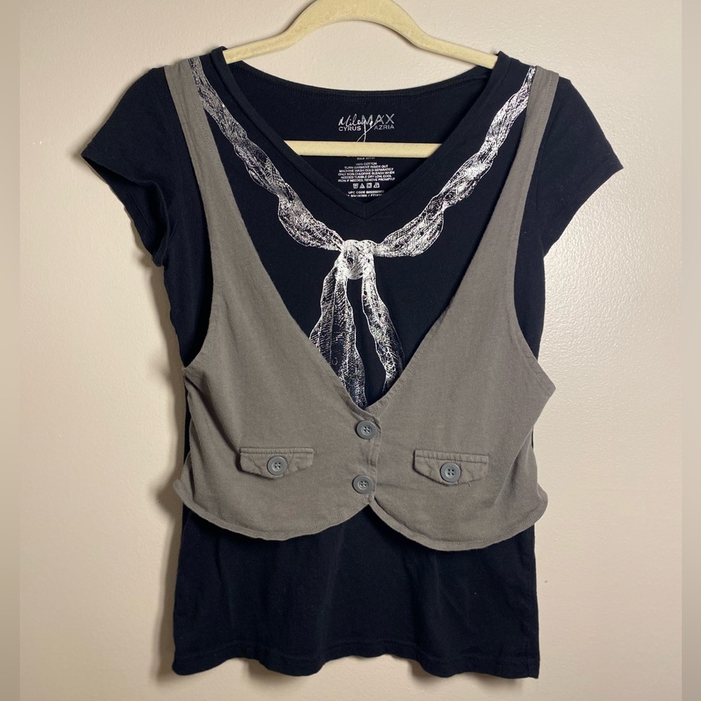Miley Cyrus Max Azria Bow & Vest Black Tee Large EUC